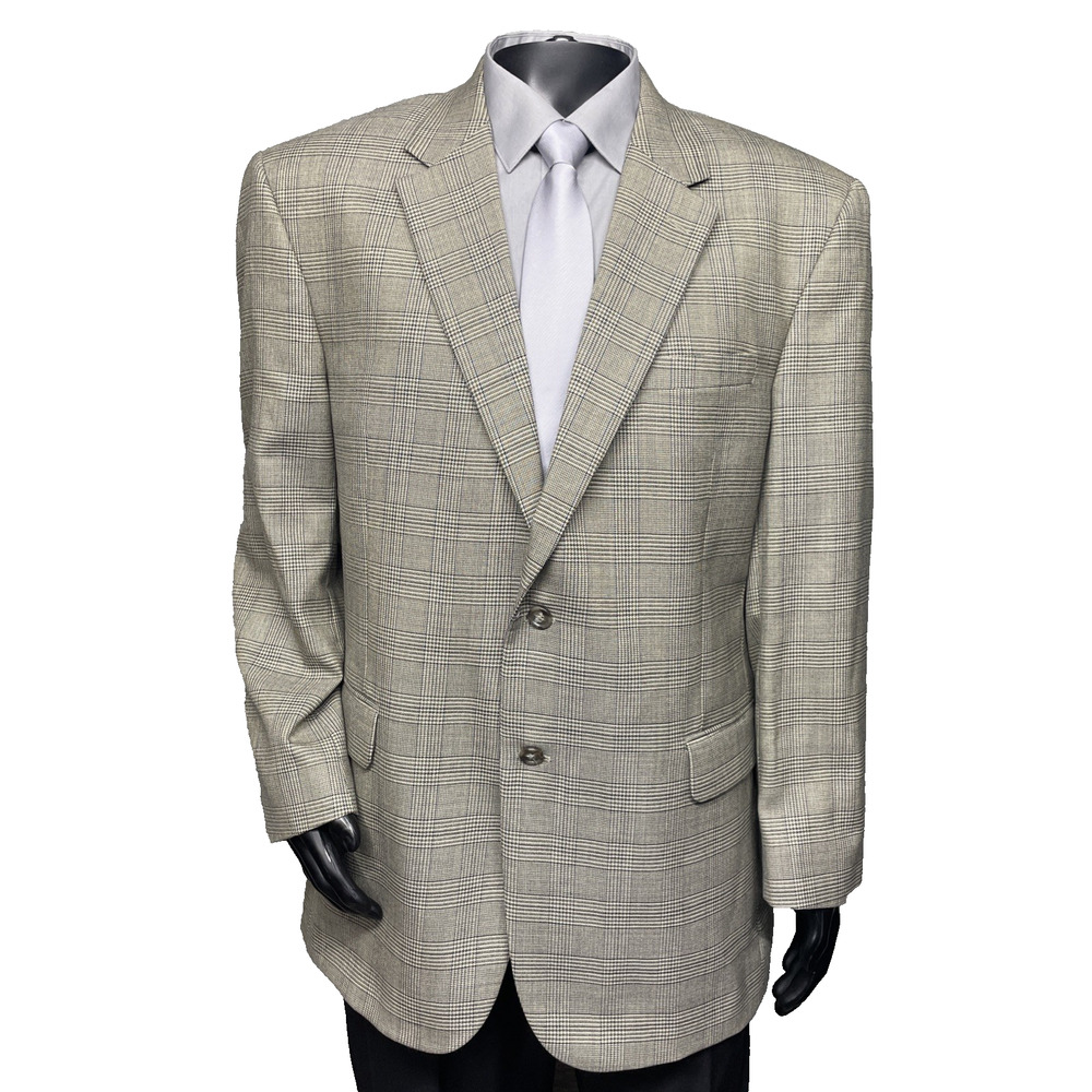 Jos A Bank Men 46R Sport Coat Blazer Glen Plaid Gray/Beige Neutral 2 Btn Classic